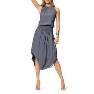 NWT Ramy Brook Audrey Smocked Midi in Smoke Gray Blouson Dress L $425